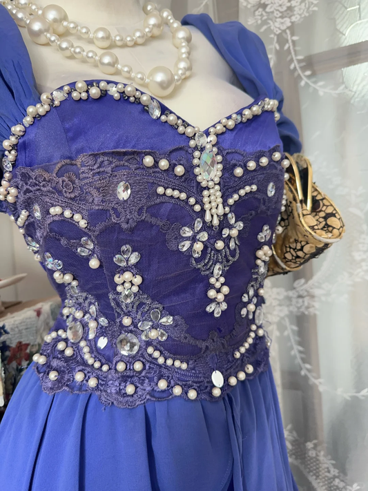 Charming Blue Satin Chiffon Beaded Long Party Dress Prom Gowns D3206