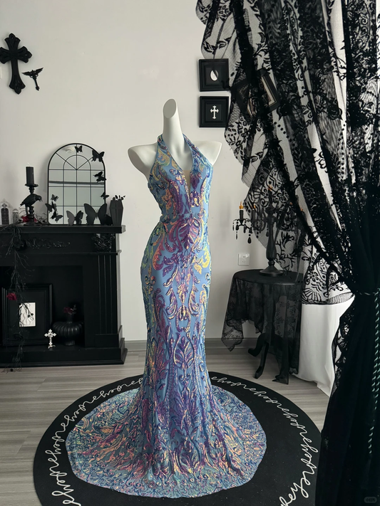Sexy Halter Satin Sequin Mermaid Evening Dress，Purple Long Party Dress D3714