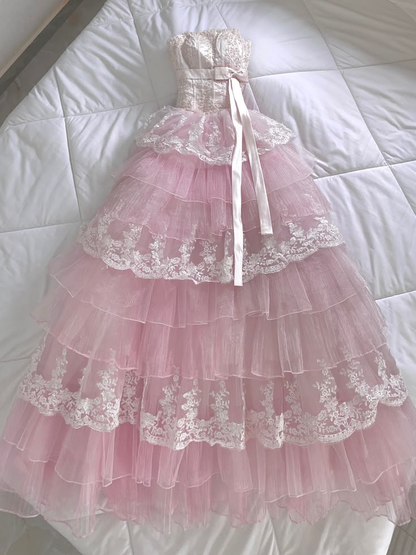 Pretty Strapless Tulle Lace Layered Long Prom Dress,Pink Long Party Dress D4005
