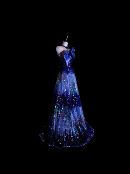 Unique Strapless Blue Sequin Long Party Dress Evening Dress D5375