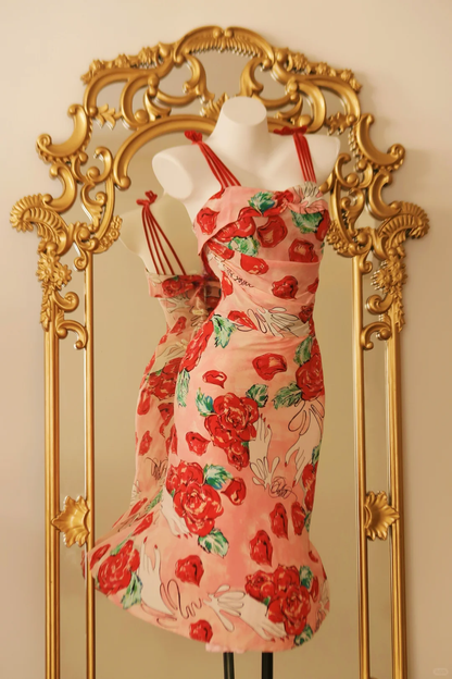 Beautiful Spaghetti Straps Rose Floral Chiffon Mermaid Knee Length Party Dress Birthday Prom Gown D2765