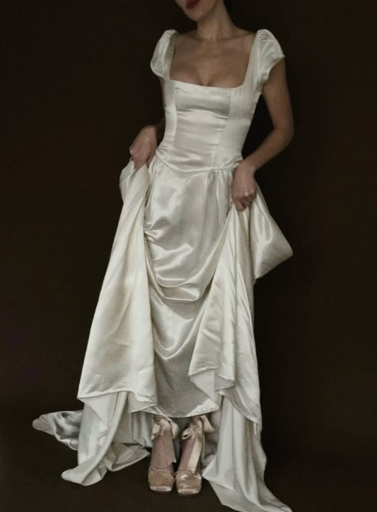 Elegant Square Neck White Satin A Line Long Wedding Dress D5140