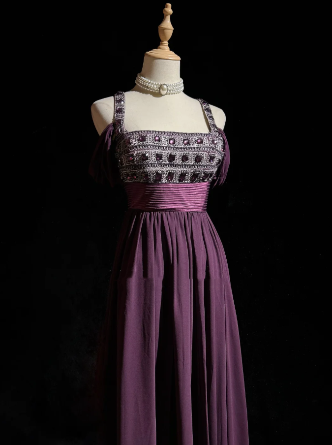 Stylish Spaghetti Straps Satin Beaded A Line Long Wedding Guest Dress,Purple Long Evening Dress Party Gown D2068