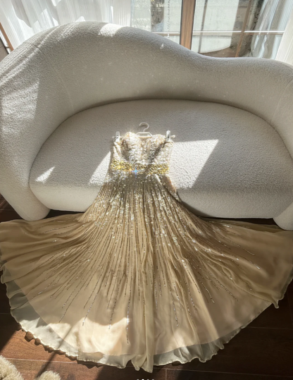 Sparkly Champagne Strapless Chiffon Sequin Beaded Mermaid Evening Dress Long Birthday Party Dress D2077