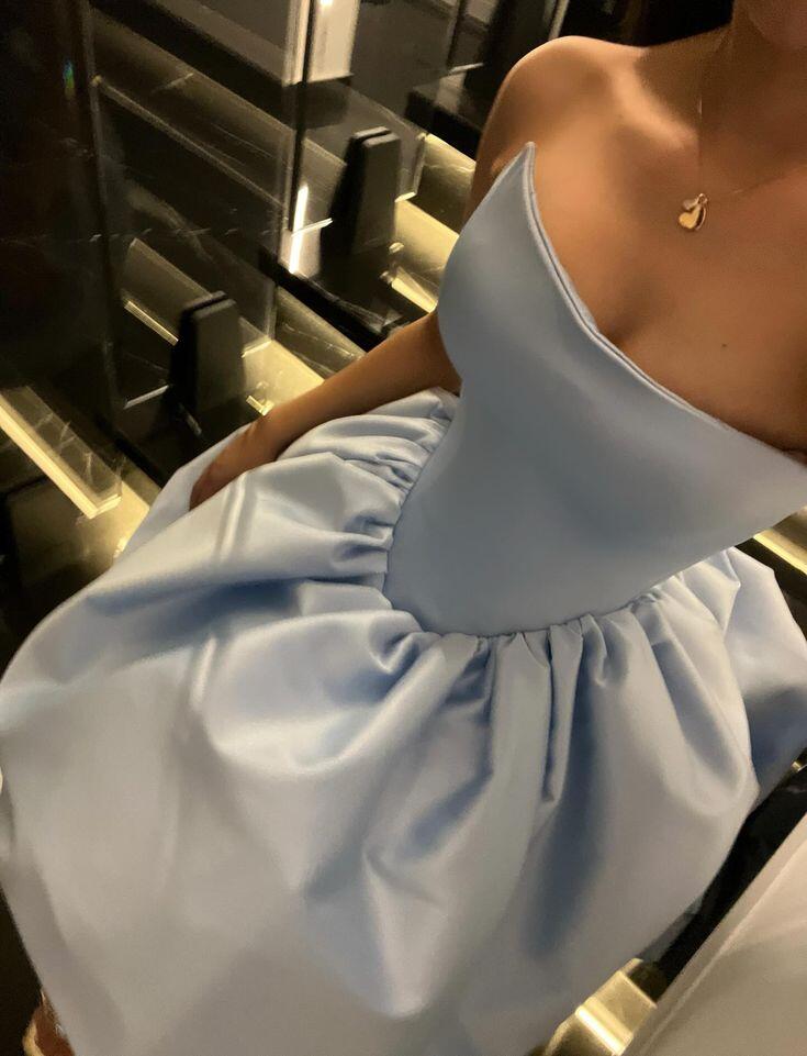 Elegant Blue Strapless Satin A Line Short Homecoming Dress Cocktail Dress D3678