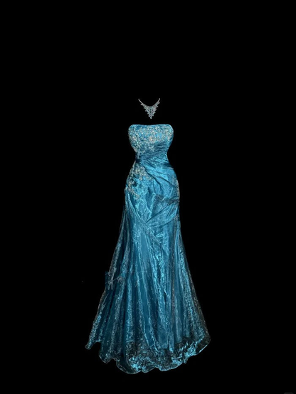 Charming Strapless Blue Tulle Sequin Beaded Mermaid Evening Dress Long Birthday Party Dress D1209