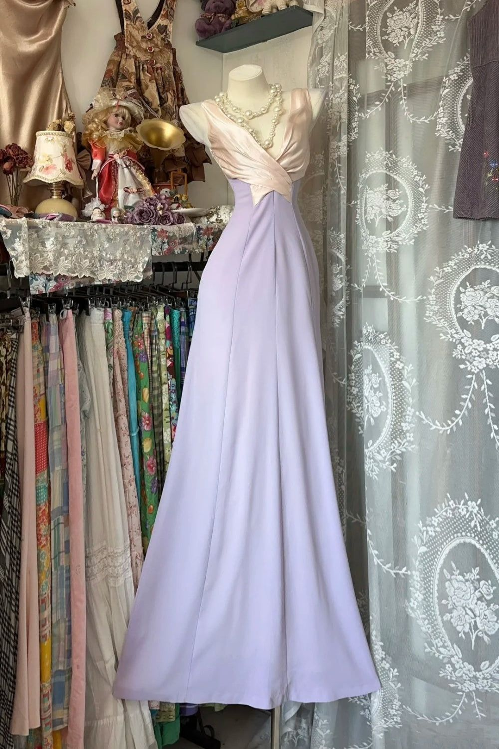 Retro V Neck Lilac Satin Mermaid Long Party Dress Prom Gown D1210