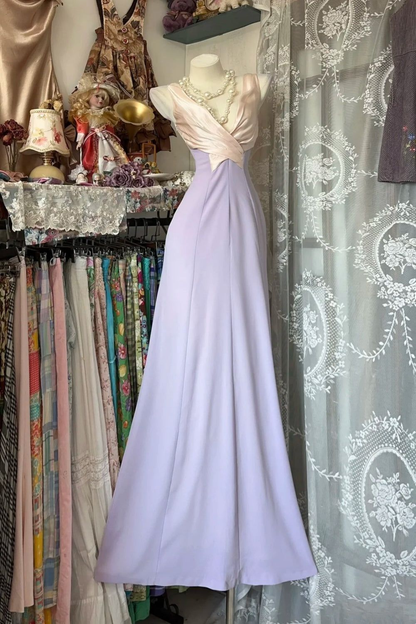 Retro V Neck Lilac Satin Mermaid Long Party Dress Prom Gown D1210