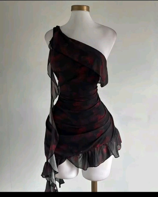 Sexy One Shoulder Chiffon Printed Ruffles Short Homecoming Dress 16th Birthday Outfits D347