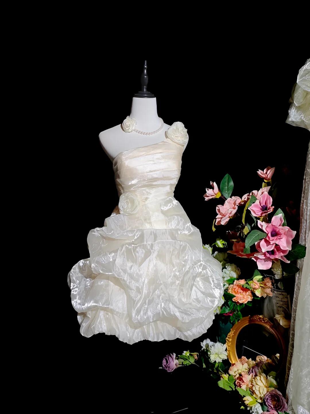 Classy One Shoulder Satin Organza Pleated Short 6th Grade Homecoming Dress Birthday Dress D3152