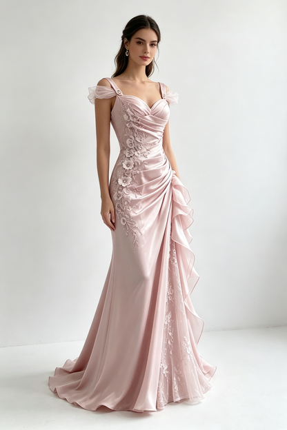 Pretty Pink Satin Tulle Appliques Mermaid Long Evening Dress ,Formal Birthday Prom Dress D3112