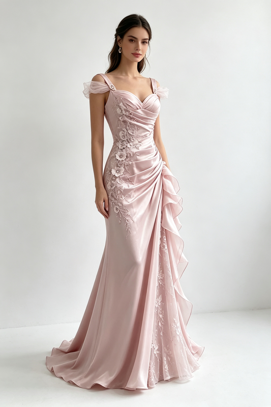 Pretty Pink Satin Tulle Appliques Mermaid Long Evening Dress ,Formal Birthday Prom Dress D3112
