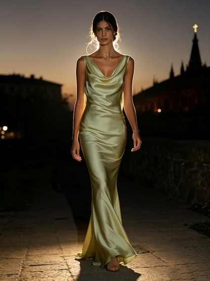 Sexy Green Sleeveless Satin Backless Mermaid Evening Dress Long Party Gown Bridesmaid Dress D1464