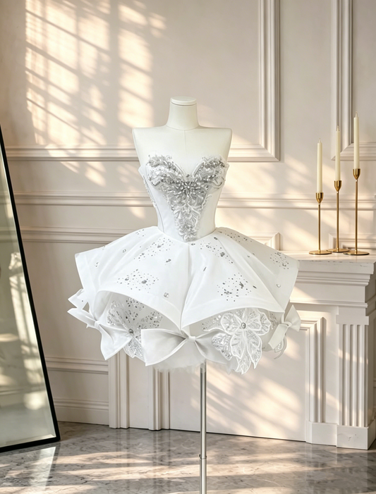 Elegant Sweetheart Neck Short Birthday Outfits White Satin Beaded Mini 9th Grade Homecoming Dress D2546