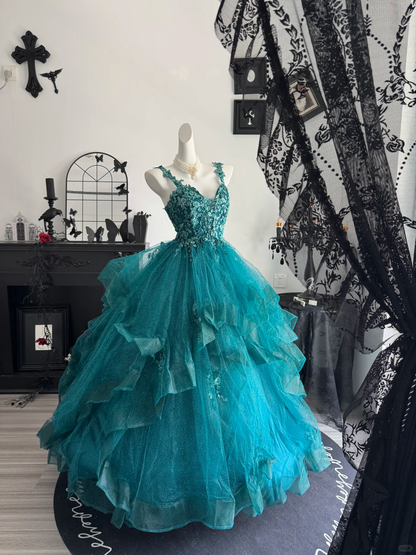 Pretty Spaghetti Straps Ball Gown Teal Tulle Appliques Quinceanera Dress D3694