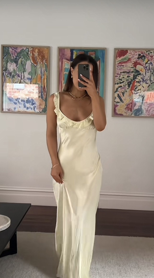 Cute Yellow Satin Long Wedding Guest Dress，Formal Birthday Prom Dress Party Gown D3485