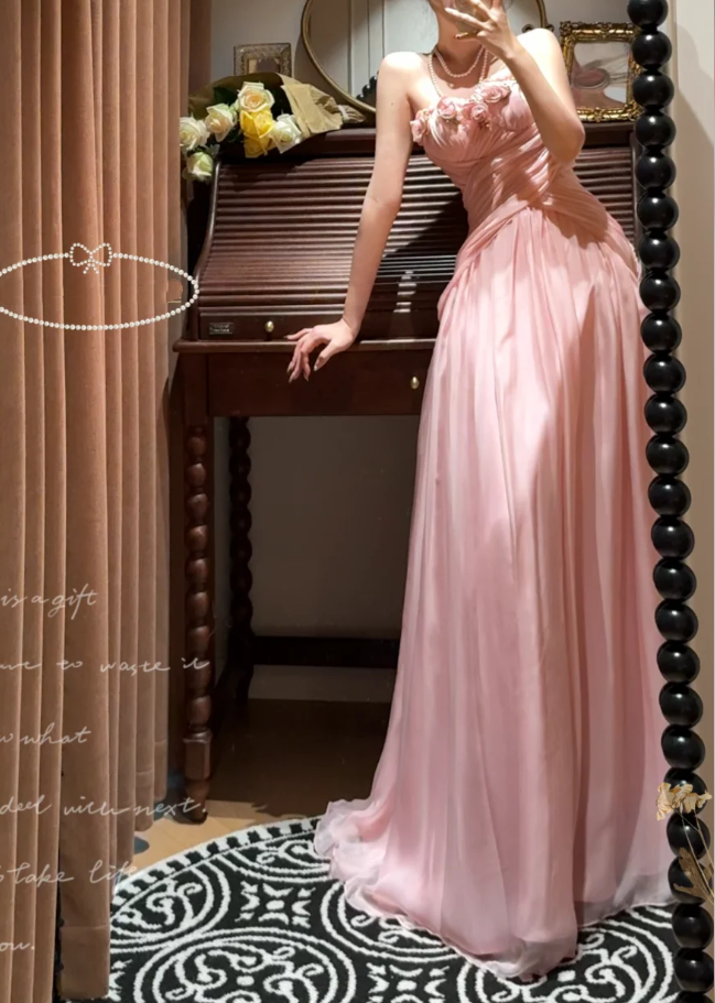 Pretty Flowers Strapless Pink Chiffon Mermaid Evening Dress Prom Gown Long Wedding Guest Dress D2052