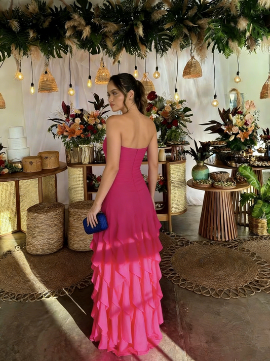 Classy Strapless Hot Pink Chiffon Ruffle Long Evening Dress Prom Gown With Ribbon D1152