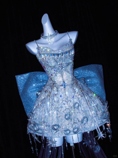 Glitter Spaghetti Straps Blue Tulle Sequin Beaded A Line Short Graduation Homecoming Dress With Bow D3063