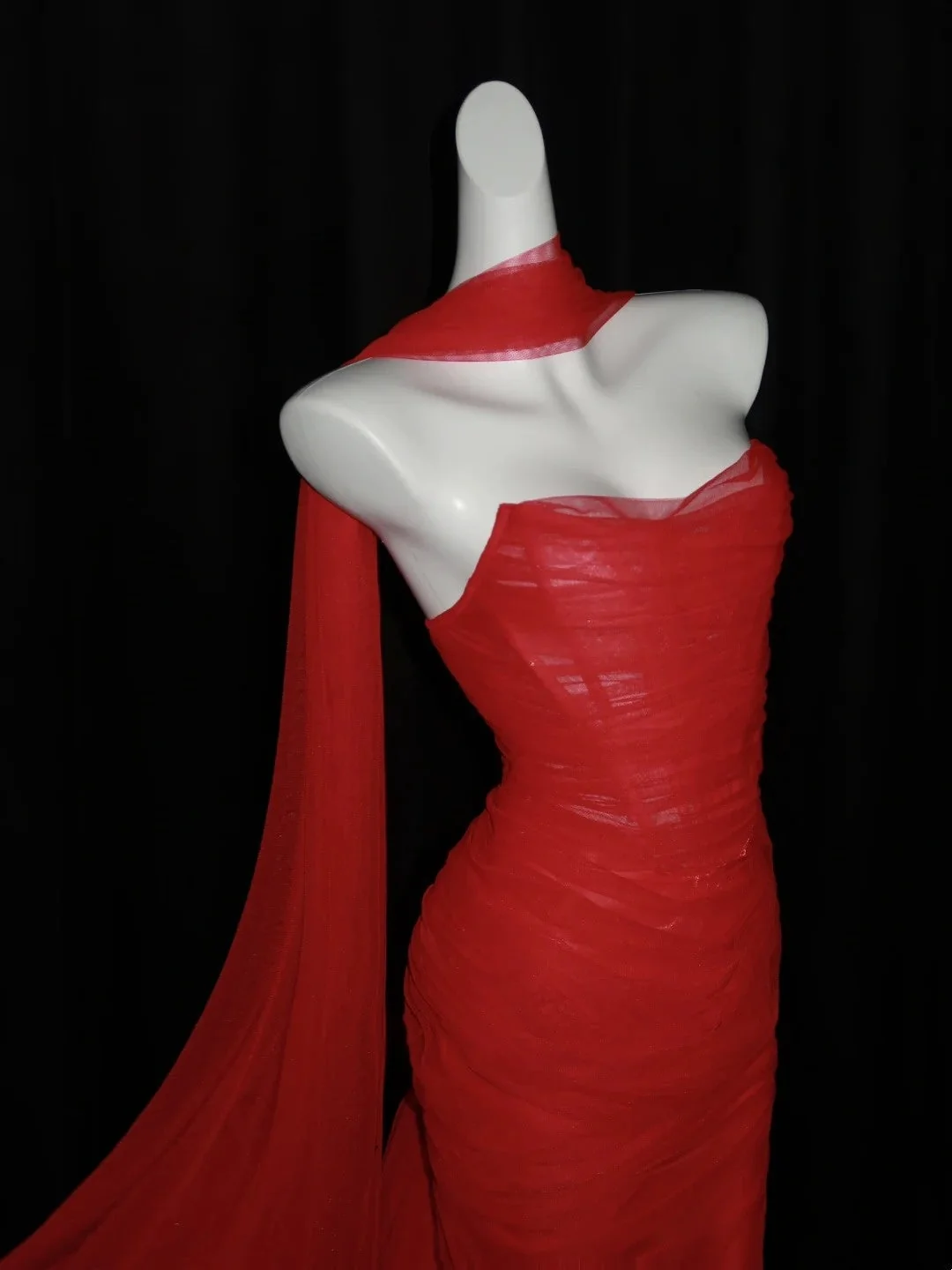 Sexy Red Tulle Pleated Mermaid Long Evening Dress With Scarf,Strapless Long Wedding Guest Dress D4843
