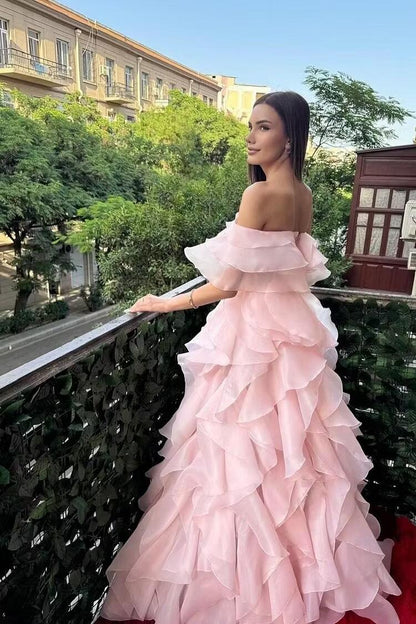 Elegant One Shoulder Pink Chiffon Ruffle Long Birthday Prom Dress Party Gown D4486