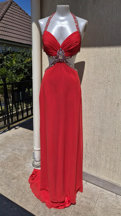 Sexy Red Halter Chiffon Beaded Long Party Dress Evening Dress D4953