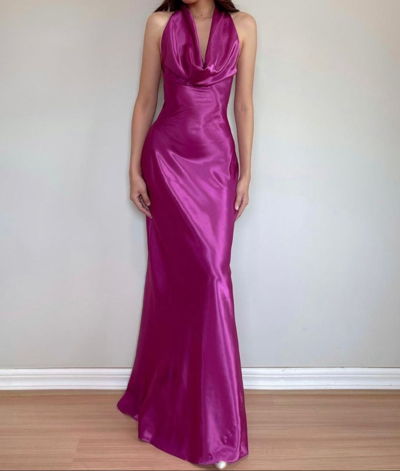 Classy Halter Hot Pink Satin Mermaid Bridesmaid Dress Long Wedding Guest Dress D1470