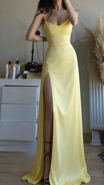 Sexy A Line Spaghetti Straps Black Satin Slit Party Dress Long Prom Dresses SD1516