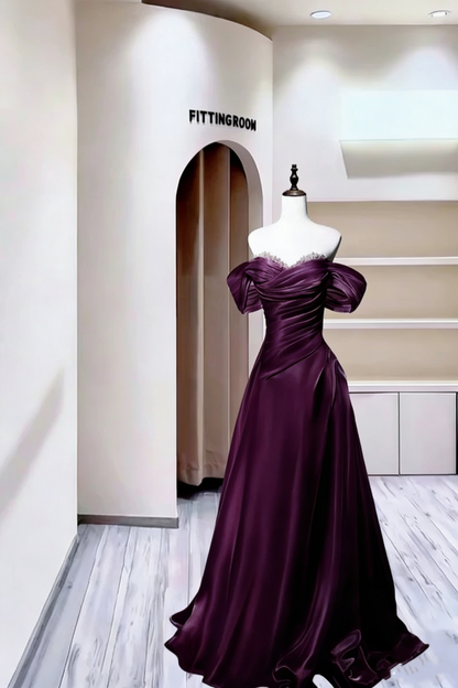 Charming Off The Shoulder Ball Gown Blue Satin Pleated Beaded Long Party Dress Evening Gown D2390