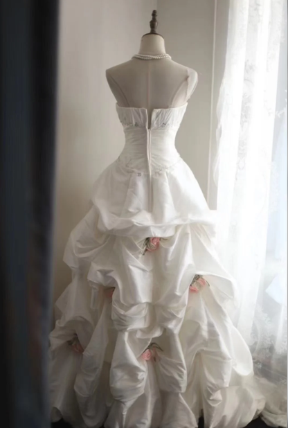 Elegant Strapless Ball Gown White Satin Pleated Floral Long Wedding Dress D2316