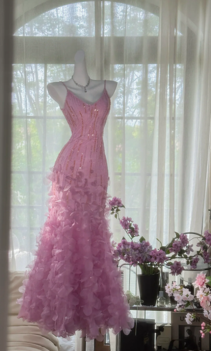 Charming Pink Spaghetti Straps Chiffon Beaded Mermaid Long Party Dress Evening Gown D1557