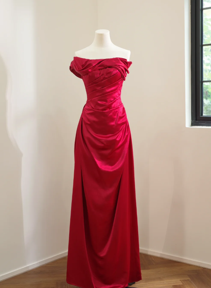 Pretty One Shoulder Red Satin Pleated Long Wedding Guest Dress Formal Birthday Party Dress D2170