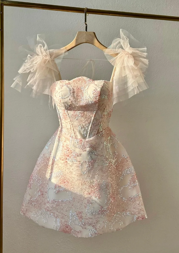 Charming Light Pink Satin Sequin Mini Party Dress Homecoming Dress S555