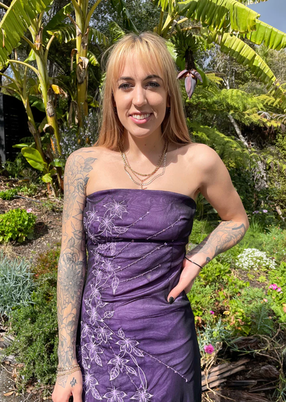 Vintage Strapless Purple Chiffon Satin Beaded Long Birthday Prom Dress Evening Gown D1599