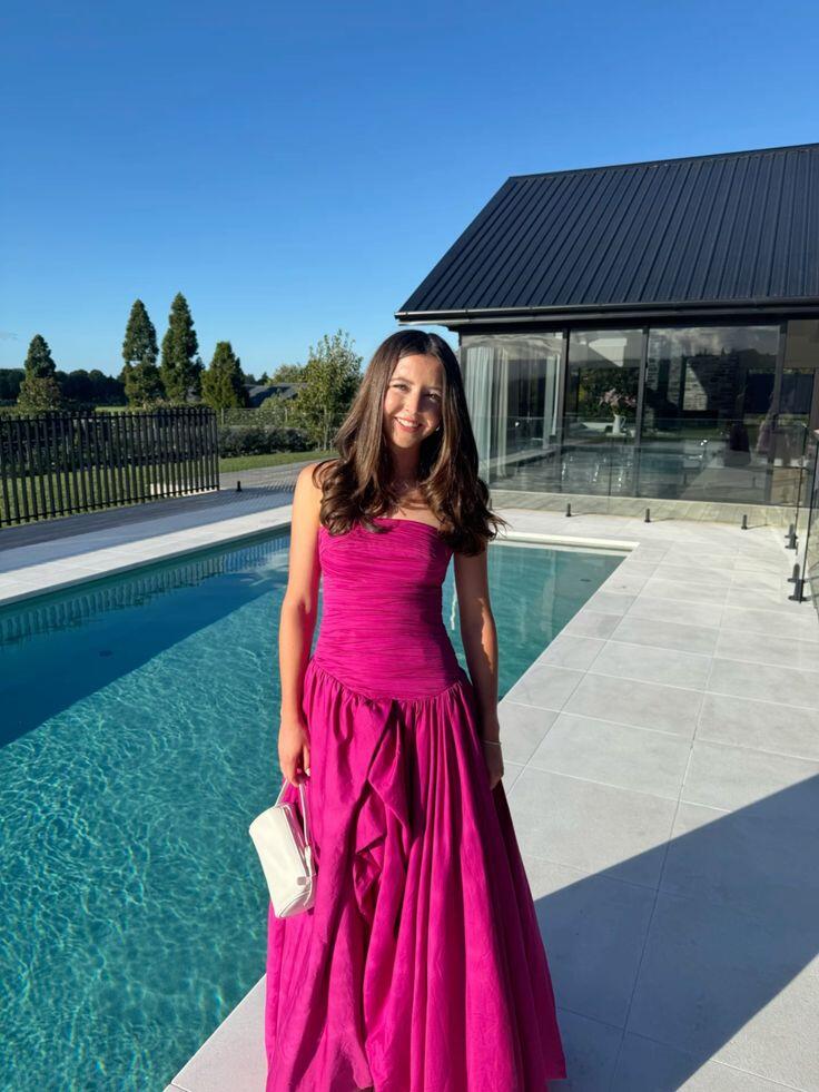 Pretty Strapless Hot Pink Satin Pleated Long Prom Dress Party Gown D3448