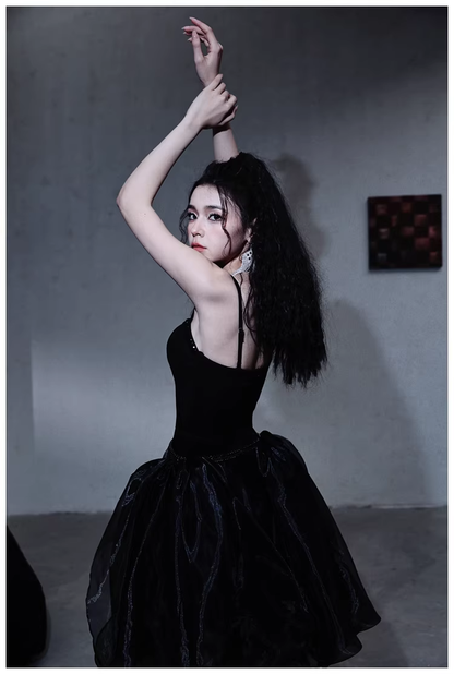 Gorgeous Black Organza Satin Beaded Long Party Dress Birthday Evening Dress D2445