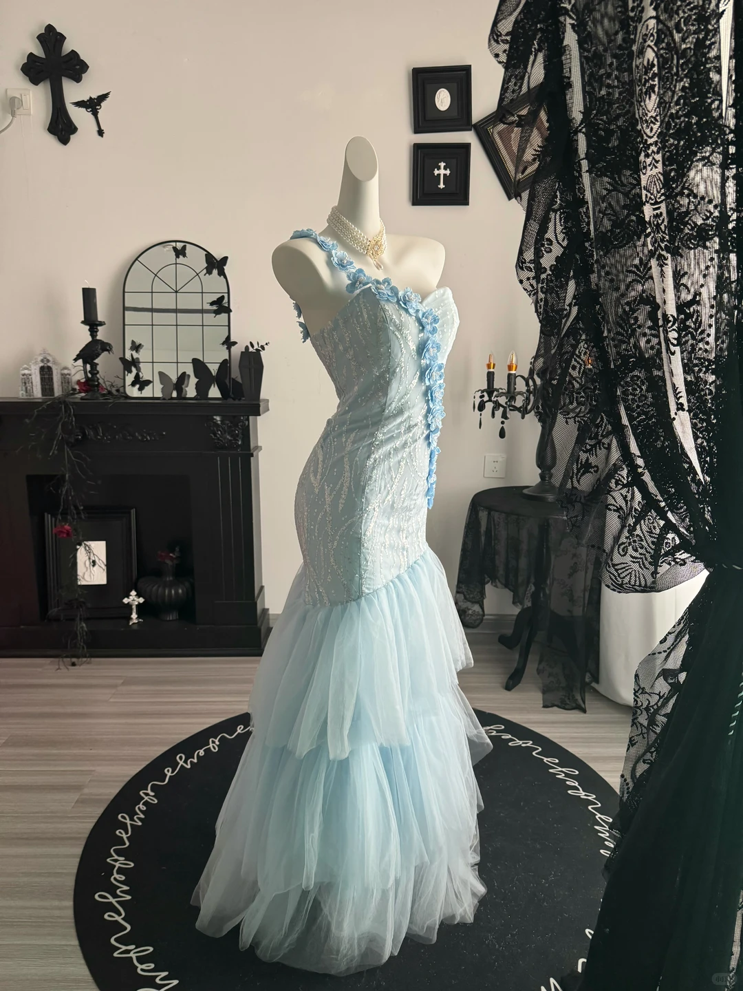 Classy Blue One Shoulder Sequin Tulle Layered Mermaid Long Prom Dress Evening Dress With Florals D3713
