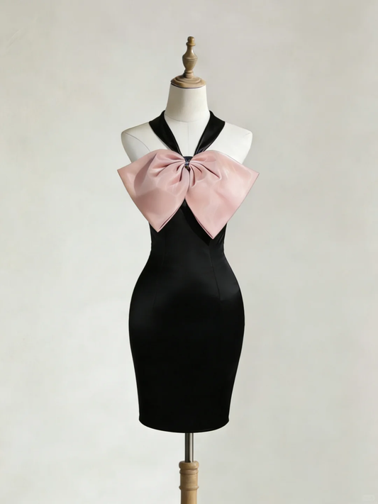 Classy Halter Sheath Mini Cocktail Dress,Black Satin Short 9th Grade Homecoming Dress With Bow D2800
