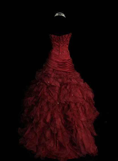 Ball Gown Strapless Burgundy Sleeveless With Applique Women's Dress Satin Long Quinceanera Dresses Sweet 16 Birthday Dresses D4262
