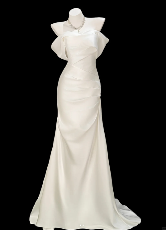 Classy White Satin Pleated Mermaid Long Evening Dress Birthday Party Dress D2353