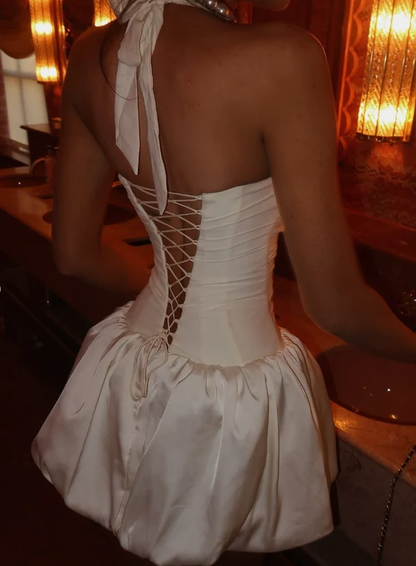 White Halter Satin A Line Short Birthday Party Dress Pretty Homecoming Dress S499