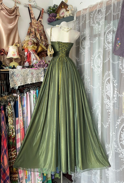 Vintage Olive Green Strapless Tulle Satin Long Party Dress Birthday Prom Dress D3213
