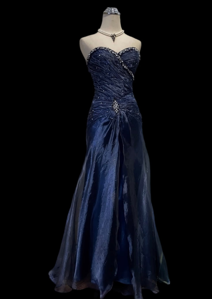 Vintage Sweetheart Neck Satin Pleated Beaded Mermaid Evening Dress Navy Blue Long Birthday Party Dress D4729