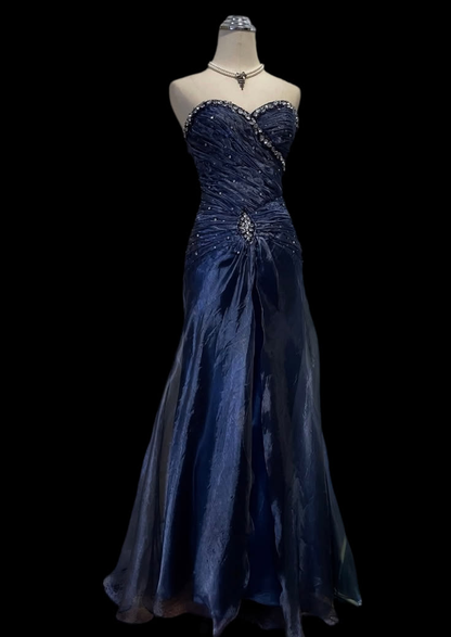 Vintage Sweetheart Neck Satin Pleated Beaded Mermaid Evening Dress Navy Blue Long Birthday Party Dress D4729