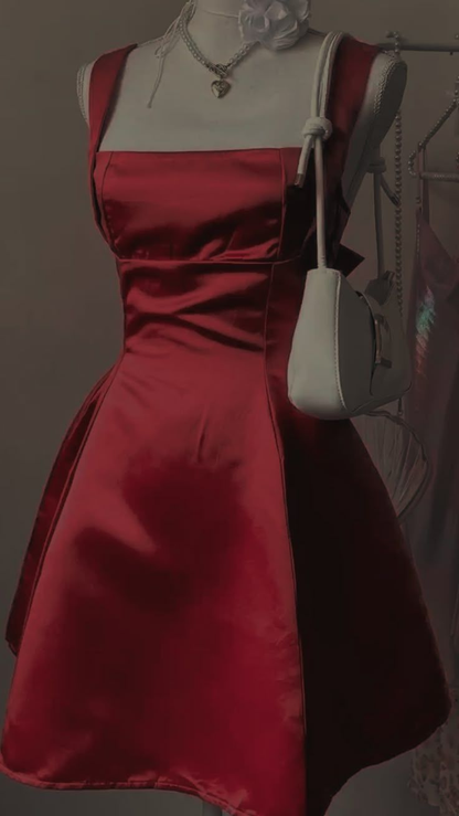 Cute Hot Pink Square Neck Satin A Line Short Party Dress Graduation Homecoming Dress D498