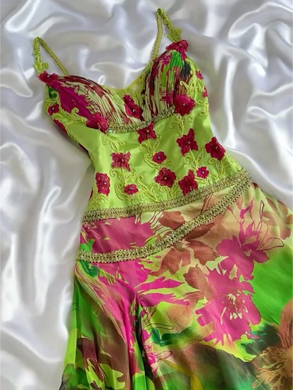 Unique Spaghetti Straps Chiffon Printed Floral Mermaid Evening Dress Long Party Gown D710