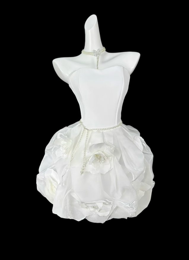 Pretty Strapless White Satin Tulle Pleated 3D Floral A Line Short 18th Birthday Outfits,Mini Prom Dress D4197