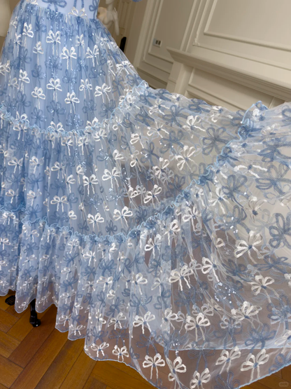 Elegant Sweetheart Neck Blue Tulle A Line Long Party Dress Prom Dress D2947