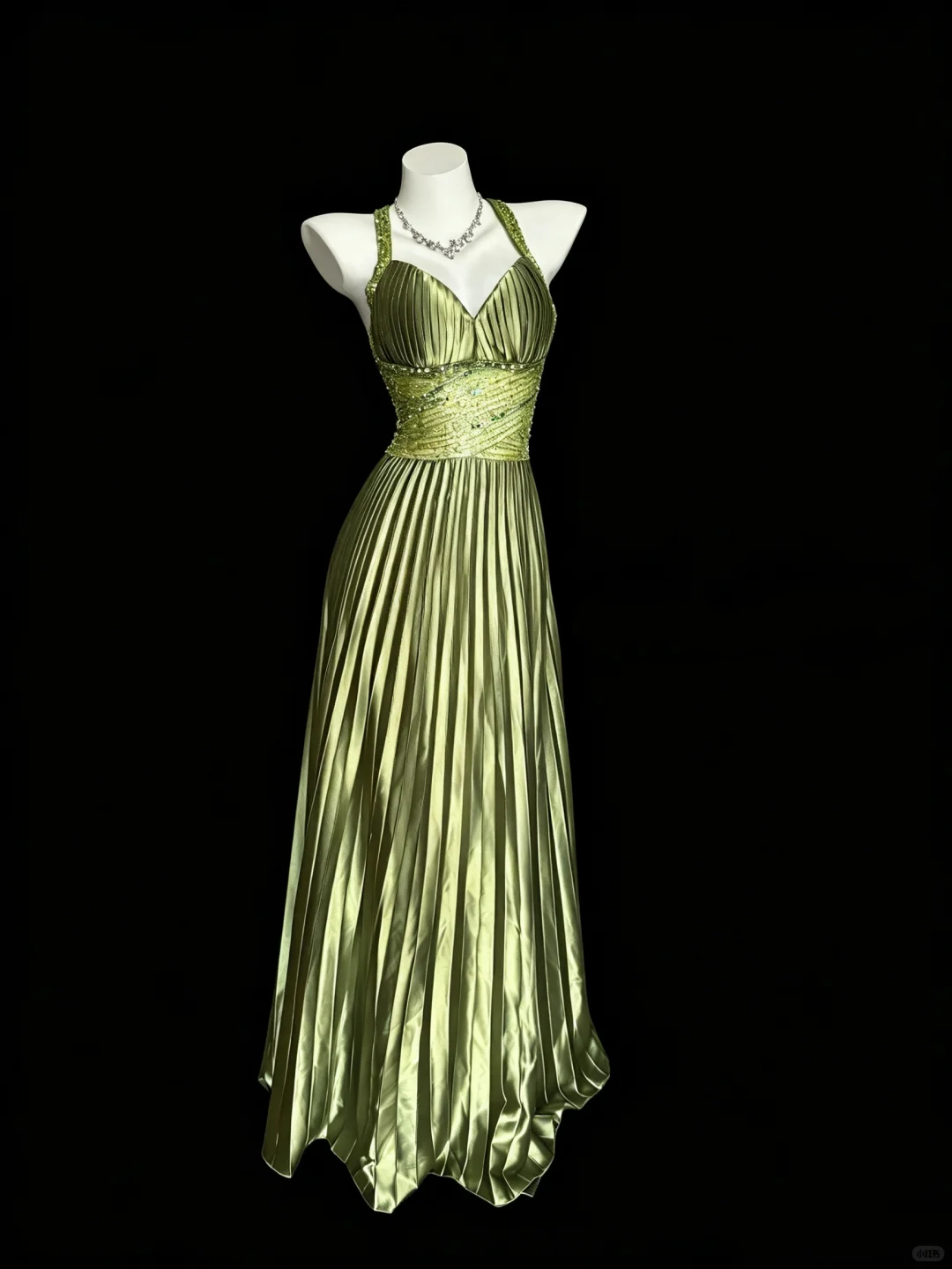 Elegant Sage Green Satin Pleated Beaded Party Dress V Neck Long Evening Dress D5261