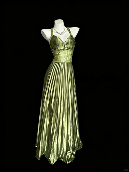 Elegant Sage Green Satin Pleated Beaded Party Dress V Neck Long Evening Dress D5261
